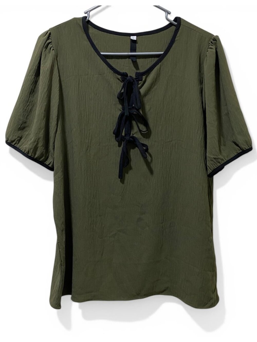 CicBird Womens Blouse L Olive Green Tie Neck Short Sleeve Casual Top NWT